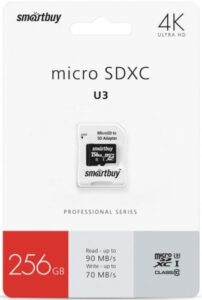Купить Карта памяти 256GB SmartBuy SB256GBSDCL10U3-01 MicroSDXC Class 10 Pro UHS-I U3 (70/90 Mb/s) + SD адаптер - X-890065 из реестра по лучшей цене