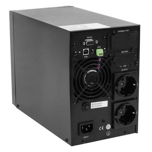 ИБП POWERMAN Online 1000, LCD, двойного преобразования, 1000ВА, 900Вт, 4 штуки IEC320 С13 с резервным питанием, USB, RS232, слот SNMP, разъем EPO, батарея 12В 9Ач 2 шт., 1 кабель для нагрузки C13/C14, 144 х 209 х 293 мм., 9.16кг./ UPS POWERMAN Online 1000 — изображение 3