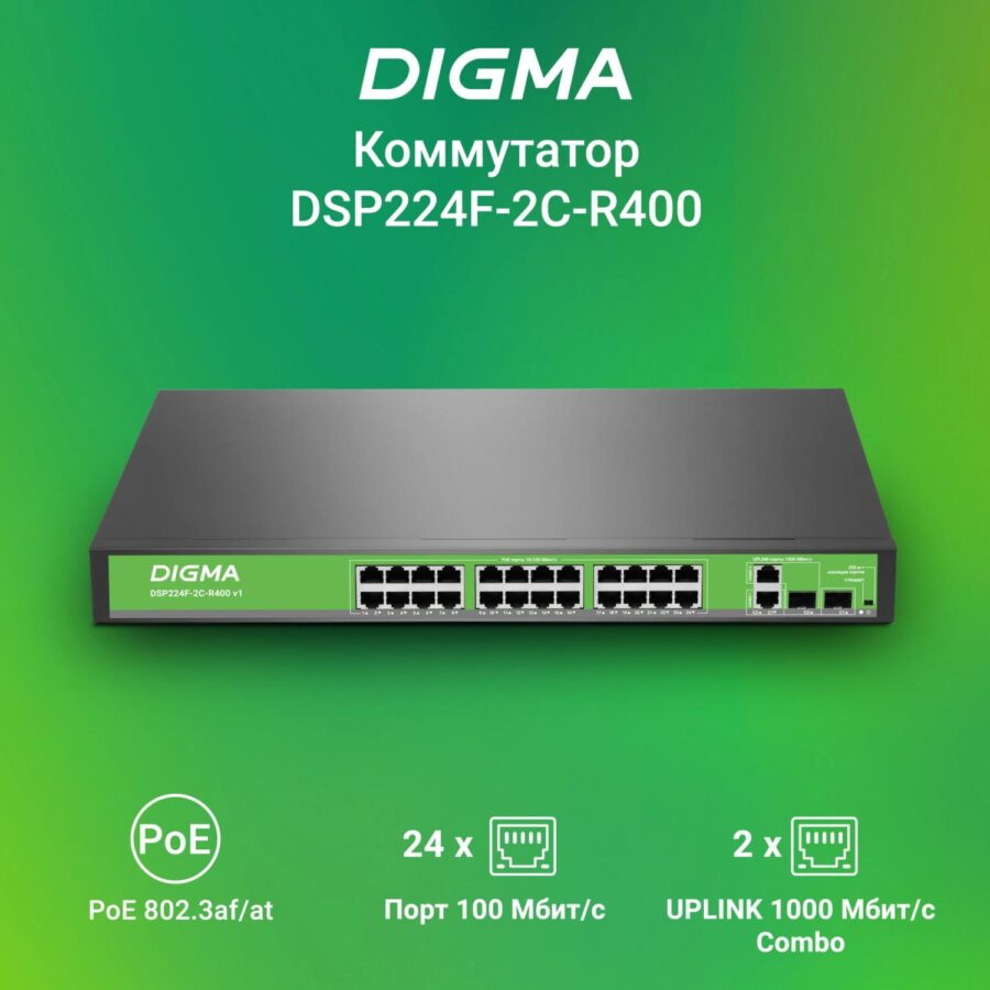 Коммутатор Digma DSP224F-2C-R400 DSP224F-2C-R400 V1 (L2) 24x100Мбит/с 2xКомбо(1000BASE-T/SFP) 24PoE 24PoE+ 400W неуправляемый — изображение 2