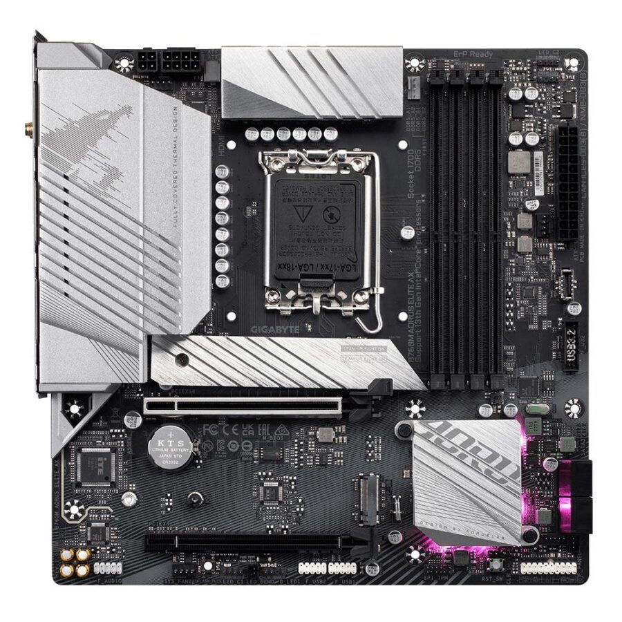 Материнская плата Gigabyte B760M AORUS ELITE AX, Socket 1700, Intel®B760, 4xDDR4-3200, HDMI+DP, 1xPCI-Ex16, 1xPCI-Ex1, 4xSATA3(RAID 0/1/5/10), 2xM.2, 8Ch Audio, GLan, WiFi, (4+4)xUSB2.0, (4+2)xUSB3.2, (1+1)xUSB3.2 Type-C™, mATX, RTL — изображение 2