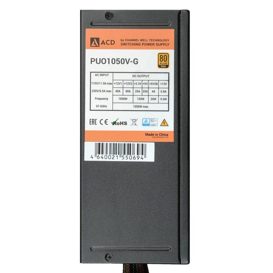 Блок питания ACD PUO1050V-G 1050W 80+ Gold, Modular, 20+4 PIN,CPU(4+4)PIN*1, CPU8PIN*1, PCI-E(6+2)P*6, HDD*5, FDD*1, SATA*12, RLT{2} (550694) — изображение 3