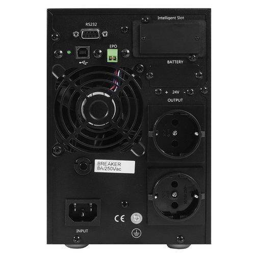 ИБП POWERMAN Online 1000, LCD, двойного преобразования, 1000ВА, 900Вт, 4 штуки IEC320 С13 с резервным питанием, USB, RS232, слот SNMP, разъем EPO, батарея 12В 9Ач 2 шт., 1 кабель для нагрузки C13/C14, 144 х 209 х 293 мм., 9.16кг./ UPS POWERMAN Online 1000 — изображение 4
