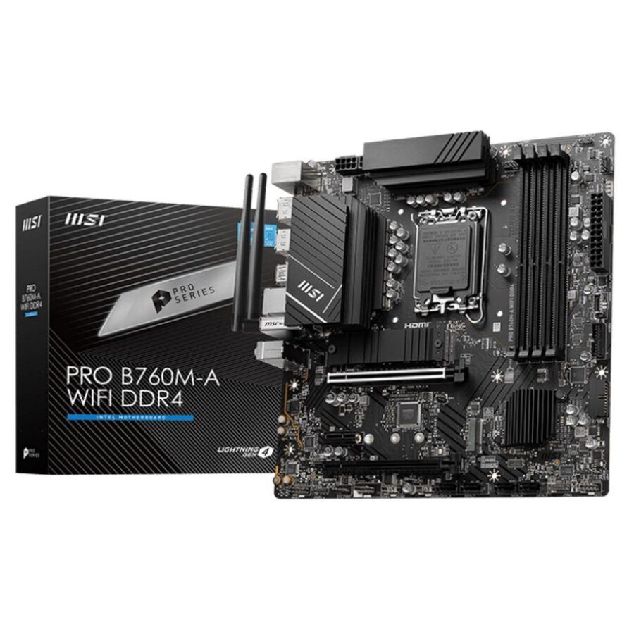 Материнская плата MSI PRO B760M-A WIFI DDR4 B760, LGA1700, 4*DDR4, 2*PCIEx16, 1*PCIEx1, 2*M.2, 1*TypeC, 2*USB3.2Gen2, 6*USB3.2Gen1, 6*USB2.0, 4*SATA3.0, 2.5G, 2*DP, 2*HDMI, M-ATX, RTL