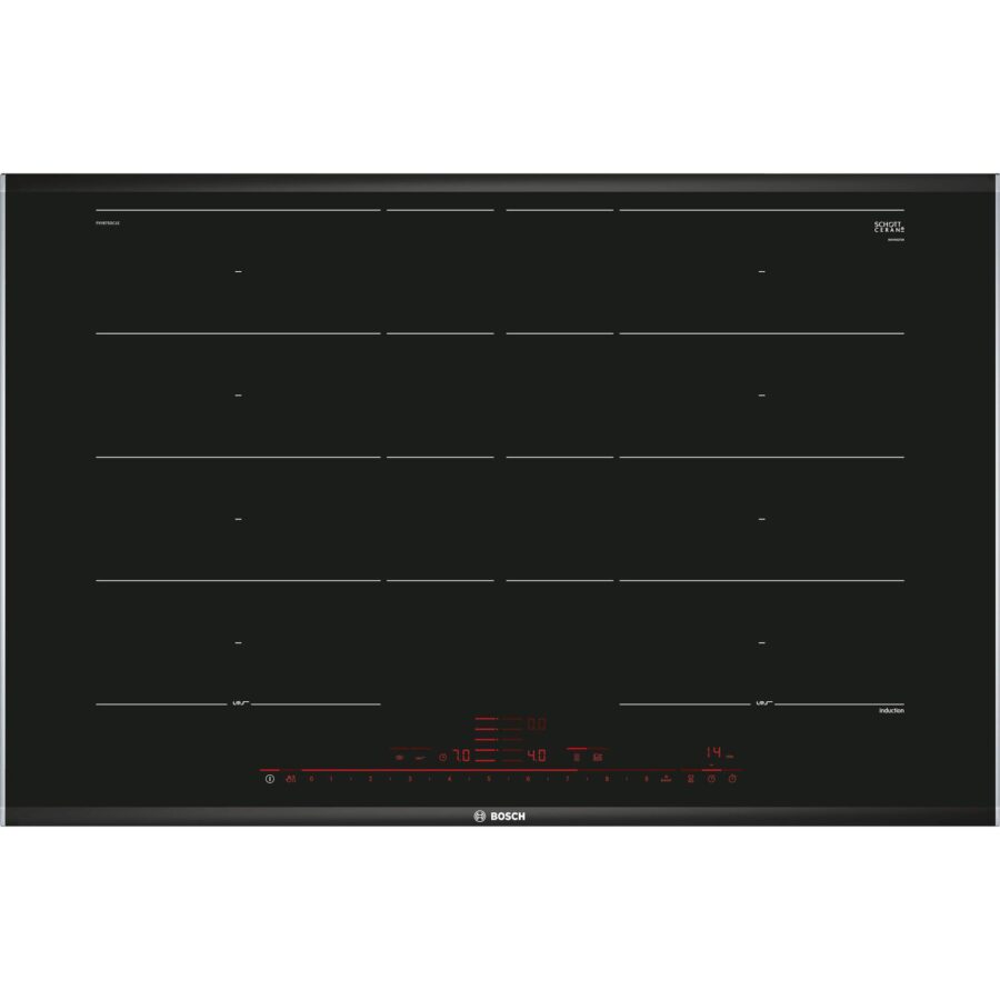 Встраиваемая индукционная панель BOSCH Индукционная, 5.1x80.2x52.2, стеклокерамическая поверхность, индукция, независ., без рамки, цвет:черный
