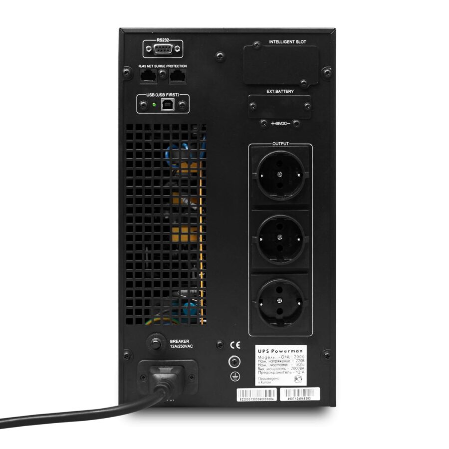 ИБП POWERMAN Online 3000, LCD, двойного преобразования, 3000ВА, 2700Вт, 3 евророзетки с резервным питанием, USB, RS232, слот SNMP, разъем EPO, батарея 12В 9Ач 6 шт., 285 х 445 х 570 мм., 28.6 кг./ UPS POWERMAN Online 3000, LCD, dual conversion, 3000VA, 27 — изображение 3