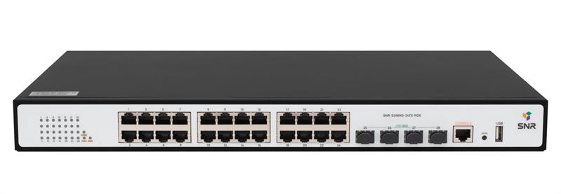Коммутатор SNR Управляемый PoE коммутатор уровня 2, 24 порта 10/100/1000Base-T с поддержкой PoE, 4 порта 1/10G SFP+, PoE 370 Ватт