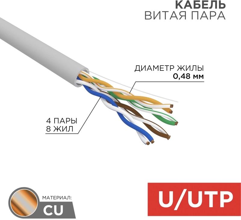 Кабель информационный Rexant LIGHT 01-0059 кат.5E UTP 4 пары 24AWG нг(А)-HF внутренний 305м серый — изображение 2
