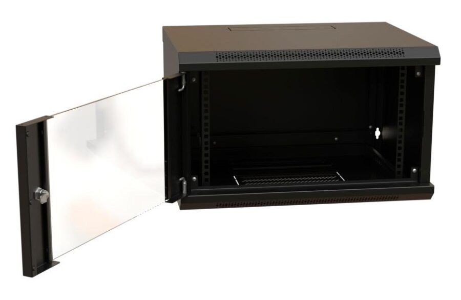 Шкаф коммутационный WRline (WR-TW-0945-GP-RAL9004) настенный 9U 600x450мм пер.дв.стекл 2 бок.пан. направл.под винты 60кг черный 350мм 500мм IP20 сталь — изображение 2