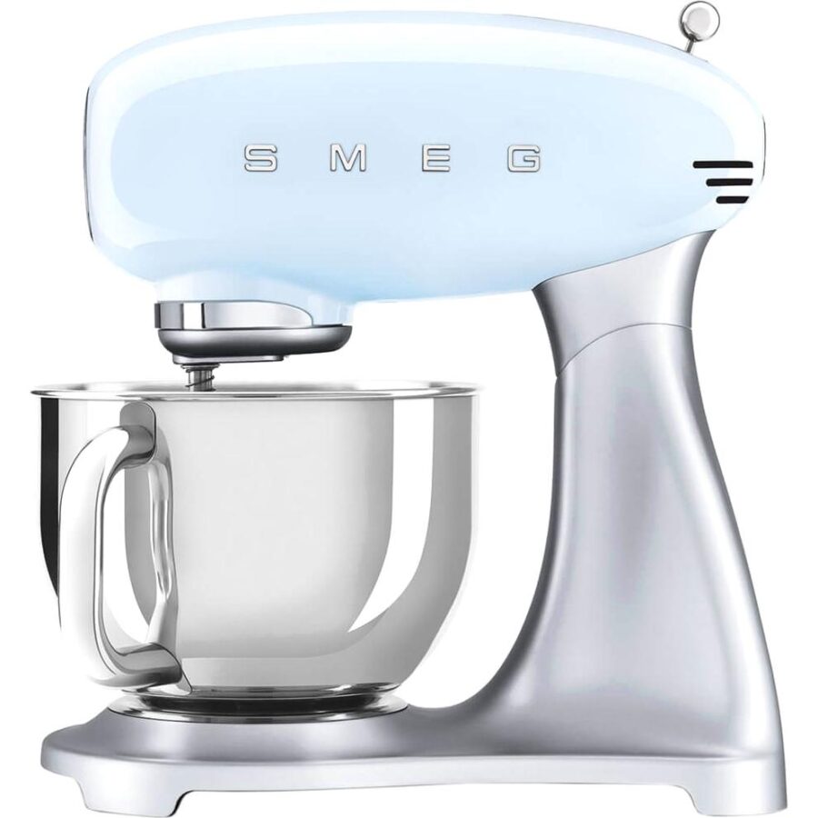 Миксеры SMEG Планетарный миксер, Мощность 0,8 кВт; Объем чаши 4,8л; Регулировка скорости, 2 насадки для взбивания, 1 насадка для теста, крышка для чаши, пастельный голубой