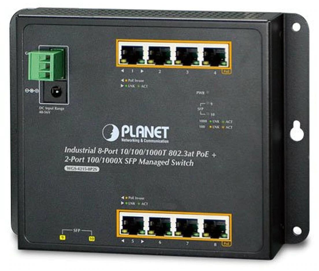 WGS-4215-8P2S индустриальный коммутатор/ IP30, IPv6/IPv4, 8-Port 1000T 802.3at PoE + 2-Port 100/1000X SFP Wall-mount Managed Ethernet Switch (-40 to 75 C, dual power input on 48-56VDC terminal block and power jack, SNMPv3, 802.1Q VLAN, IGMP Snooping, SSL,