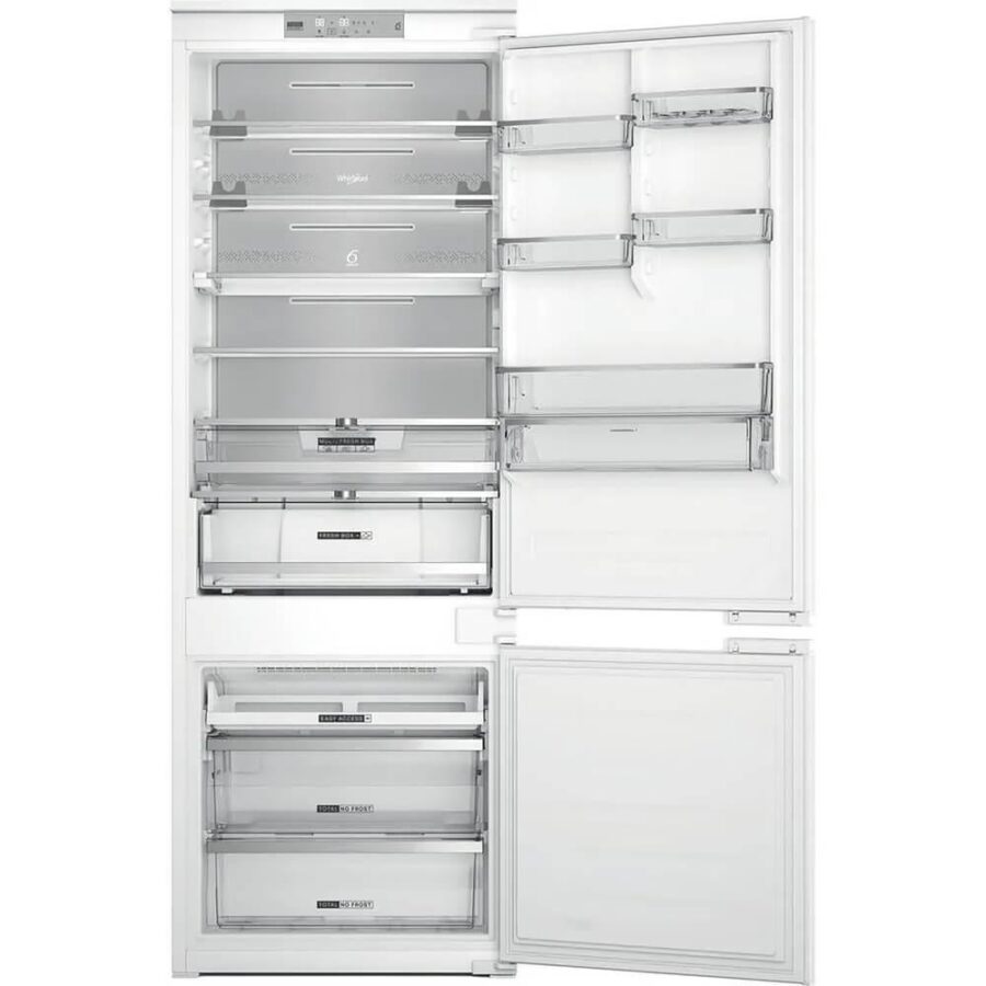 Встраиваемые холодильники Whirlpool 70 см, 193.5х54.3х69 см, 295/99 л, инверторный компрессор, автоматическая разморозка, зона свежести влажная, сенсорное управление, технология 6 SMYSL FreshControl, MultiFlow, FreezeControl, перенавешиваемые дверцы, скол — изображение 2