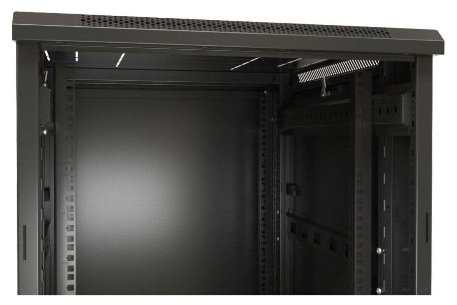 Шкаф коммутационный Hyperline (TTBR-2266-AS-RAL9004) напольный 22U 600x600мм пер.дв.стекл задн.дв.спл.стал.лист 2 бок.пан. 800кг черный 510мм 1166мм IP20 сталь — изображение 3