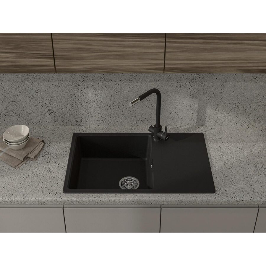 Кухонная мойка GRANFEST URBAN 678L black 1-чаша+крыло 780*490мм, монтаж: врезной, материал: кварц, цвет: черный — изображение 3