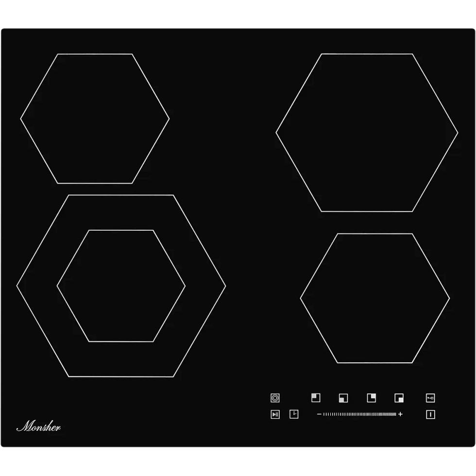 Встраиваемые электрические панели Monsher/ Независимая стеклокерамическая варочная поверхность,Ширина 60 см, 4 зоны ускоренного нагрева,Электронное сенсорное управление,5 цифровых дисплеев, 9 уровней мощности, 1 двойная зона нагрева, таймер, индикаторы ос
