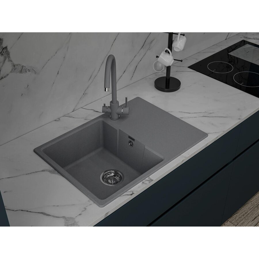 Кухонная мойка GRANFEST URBAN 668L dark gray 1-чаша+крыло 680*490мм, монтаж: врезной, материал: кварц, цвет: темно-серый — изображение 3