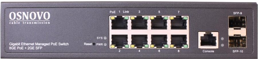 Коммутатор/ OSNOVO Гигабитный L2 PoE коммутатор на 10 портов, 8 *10/100/1000 Base-T PoE, 2*SFP 1000 Base-T, PoE на порт до 30W, суммарно до 150W — изображение 2
