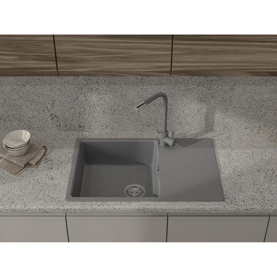 Кухонная мойка GRANFEST URBAN 678L dark gray 1-чаша+крыло 780*490мм, монтаж: врезной, материал: кварц, цвет: темно-серый — изображение 3