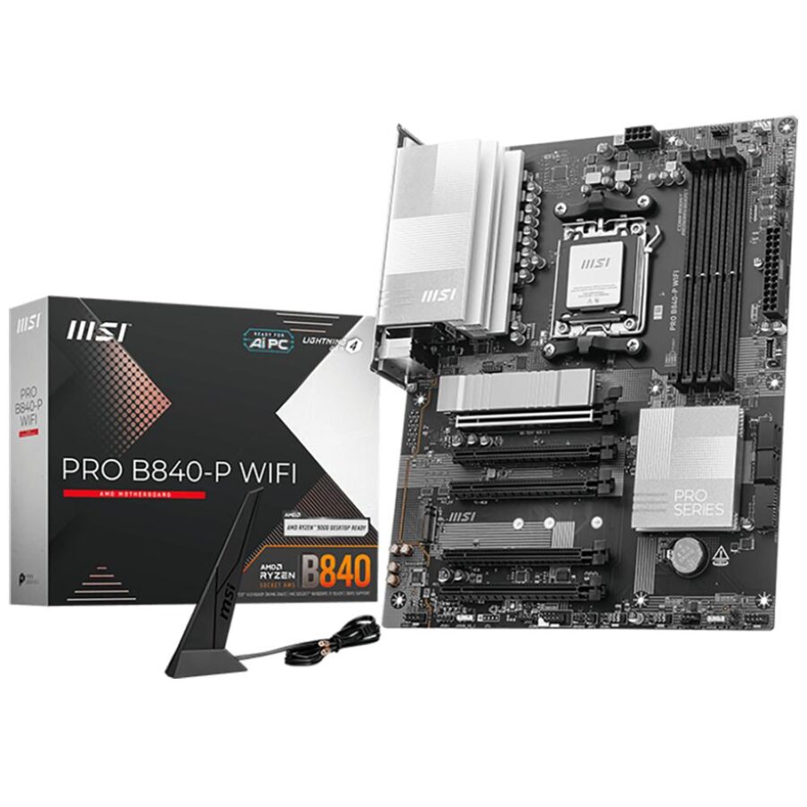 Материнская плата MSI PRO B840-P WIFI B840, AM5, 4*DDR5, 5*PCIEx16, 2*M.2, 2*TypeC, 1*USB3.2Gen2, 4*USB3.2Gen1, 8*USB2.0, 4*SATA3.0, 2.5G, HDMI, ATX, RTL