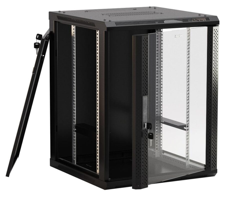 Шкаф коммутационный Hyperline (TWB-FC-1866-GP-RAL9004) настенный 18U 600x600мм пер.дв.стекл 60кг черный 920мм IP20 сталь — изображение 3