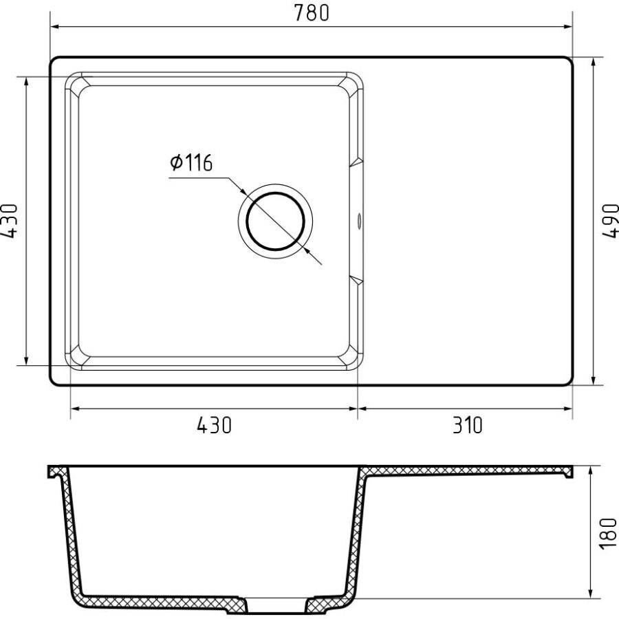 Кухонная мойка GRANFEST URBAN 678L black 1-чаша+крыло 780*490мм, монтаж: врезной, материал: кварц, цвет: черный — изображение 4