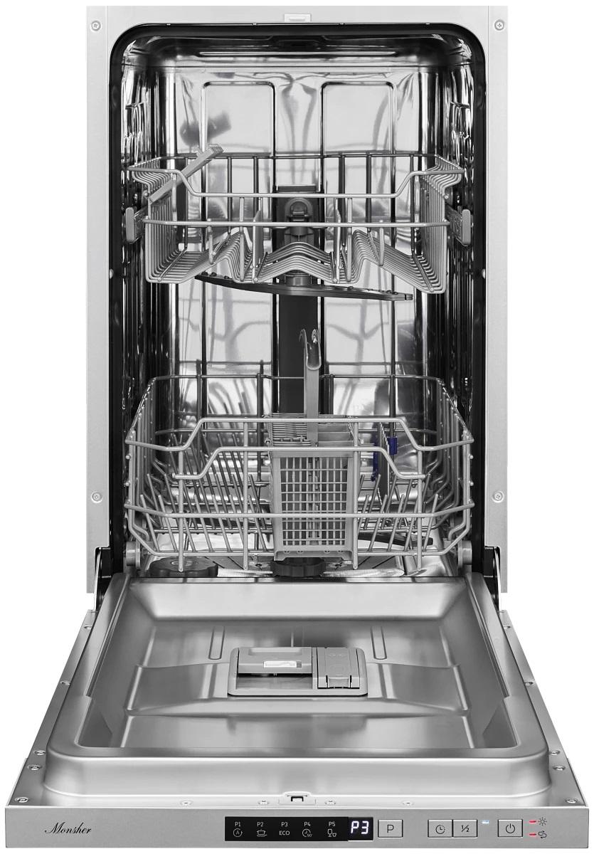 Встраиваемая посудомоечная машина MONSHER/ Посудомоечная машина полностью встраиваемая,  ширина 45 см, Количество корзин: 3, 9 комплектов посуды, Кнопочное управление, Отсрочка старта 1-24 часов, 5 программ: Авто. Интенсивная, ЭКО, 90 мин, Быстрая, Полови — изображение 2