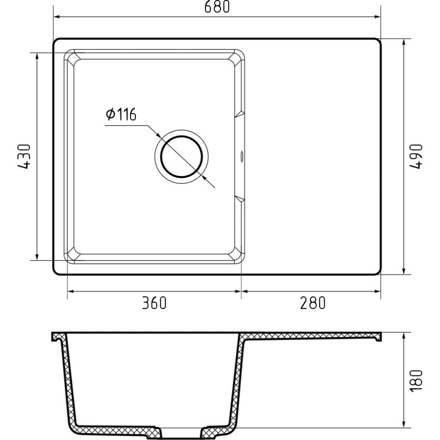 Кухонная мойка GRANFEST URBAN 668L gray 1-чаша+крыло 680*490мм, монтаж: врезной, материал: кварц, цвет: серый — изображение 4