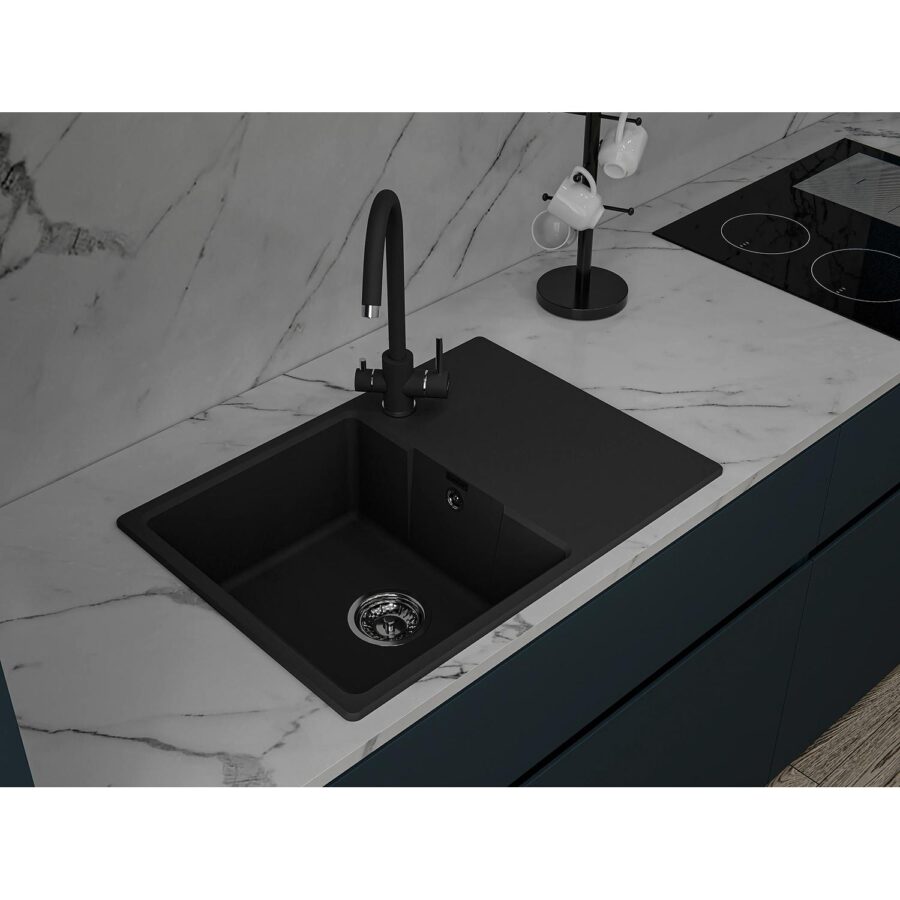 Кухонная мойка GRANFEST URBAN 668L black 1-чаша+крыло 680*490мм, монтаж: врезной, материал: кварц, цвет: черный — изображение 3