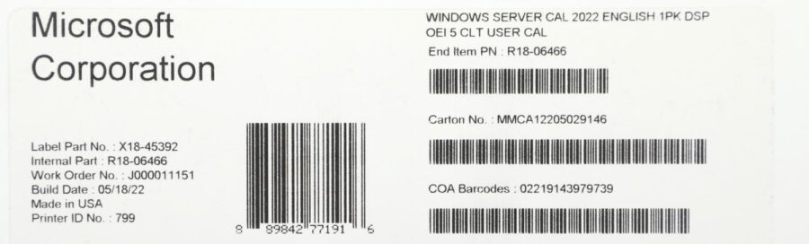 ПО Microsoft Windows Server CAL 2022 English 1pk DSP OEI 5 Clt User CAL (R18-06466) — изображение 2