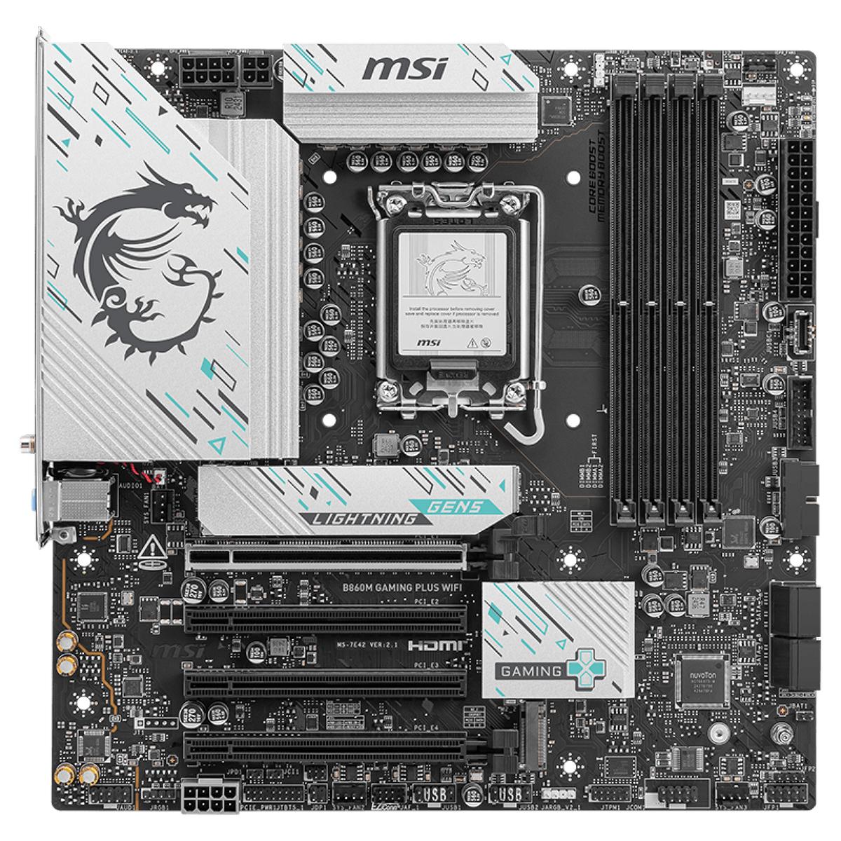 Материнская плата MSI B860M GAMING PLUS WIFI B860, LGA1851, 4*DDR5, 4*PCIEx16, 3*M.2, 1*TypeC, 1*USB3.2Gen2, 5*USB3.2Gen1, 6*USB2.0, 4*SATA3.0, 5G, Type-C(DP), DP, HDMI, M-ATX, RTL — изображение 2