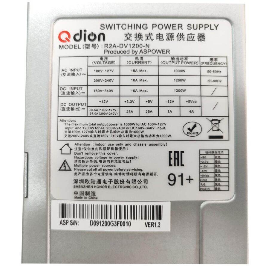 Блок питания серверный/ Server power supply Qdion Model R2A-DV1200-N P/N:99RADV1200I1170310 2U Redundant 1200W Efficiency 91+, Cable connector: C14 — изображение 2