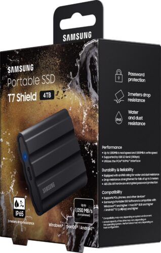 Внешние HDD и SSD/ Samsung External SSD T7 Shield, 4TB, Type C-to-C/A, USB 3.2 Gen2, R/W 1050/1000MB/s, IP65, 88x59x13mm, 98g, Black (12 мес.) — изображение 10