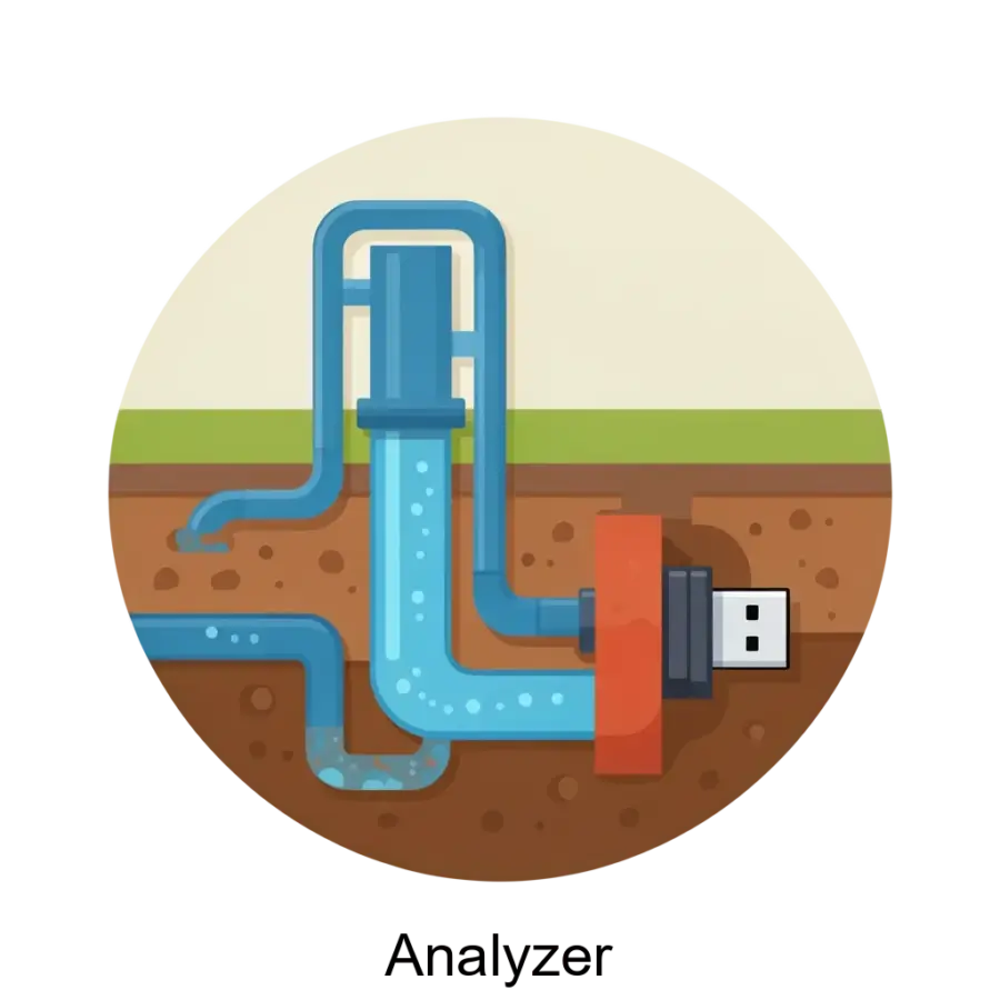 Analyzer — Программа предназначена для работы с анализатором индикаторов коррозионных процессов. Основная задача: анализ коррозии подземных трубопроводов через USB.