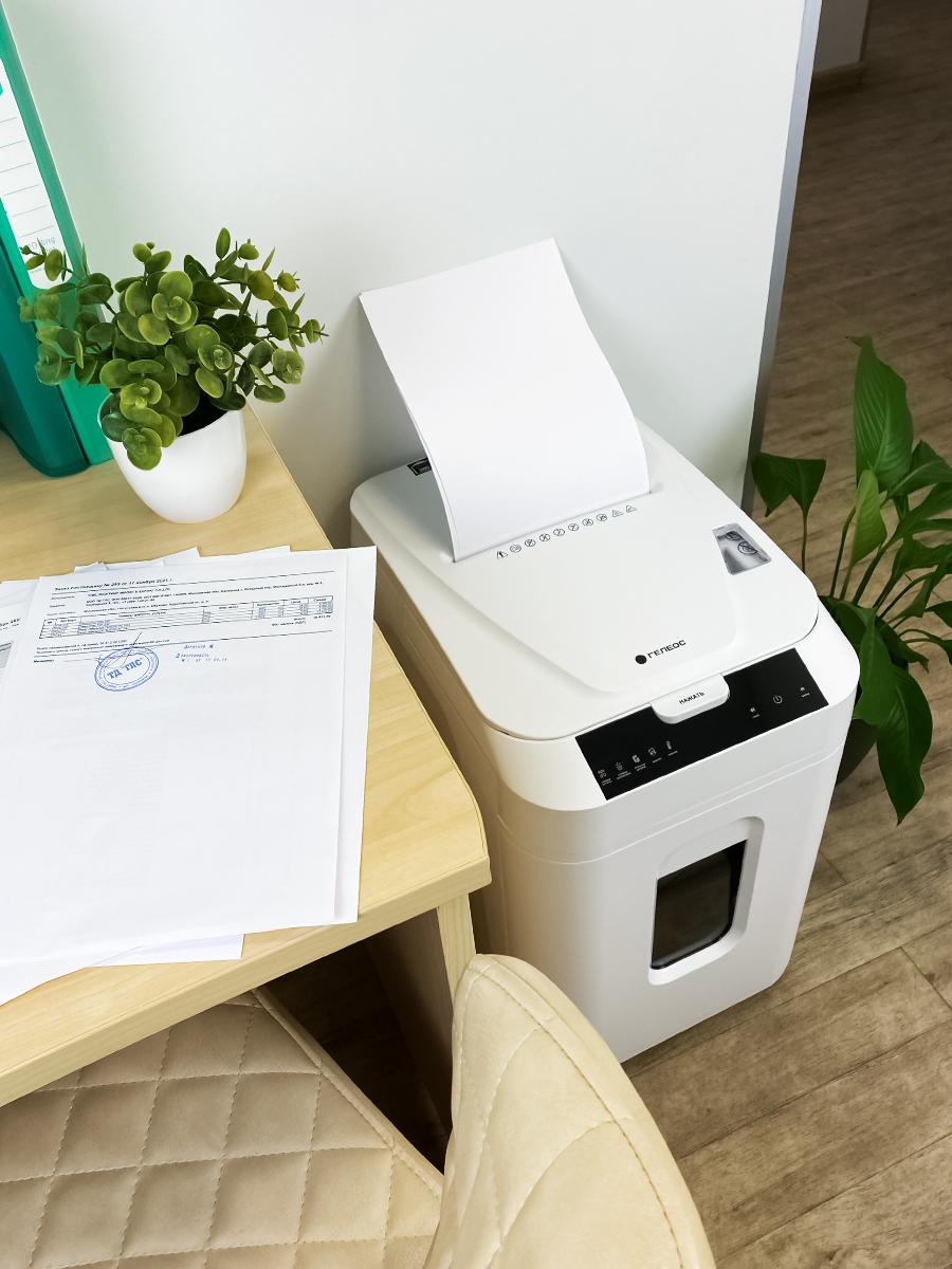 Уничтожитель документов ГЕЛЕОС АП40-5, DIN P-5 (5 ур-нь секр.), фрагмент 1,9х12мм, АВТОПОДАЧА 180 лист (70г/м2), пл.карты/скрепки/скобы, 37 литров — изображение 6