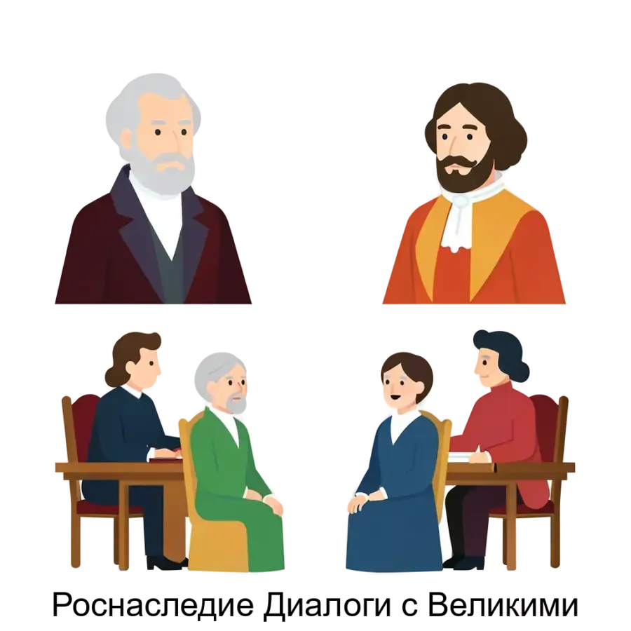 Роснаследие Диалоги с Великими — Диалоги с Великими" предназначено для интерактивного образовательного и культурного взаимодействия. Основная задача: интерактивные встречи с историческими личностями.