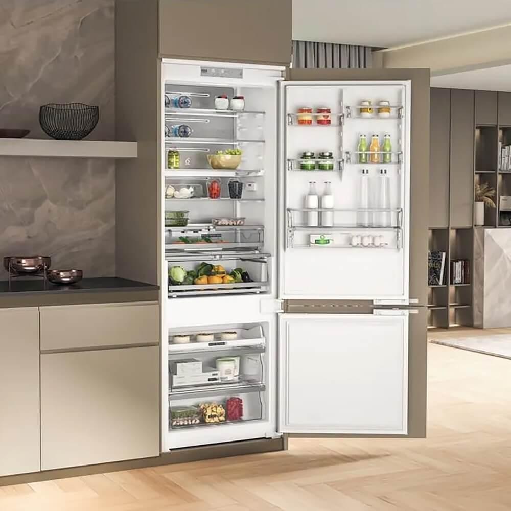 Встраиваемые холодильники Whirlpool 70 см, 193.5х54.3х69 см, 295/99 л, инверторный компрессор, автоматическая разморозка, зона свежести влажная, сенсорное управление, технология 6 SMYSL FreshControl, MultiFlow, FreezeControl, перенавешиваемые дверцы, скол — изображение 6