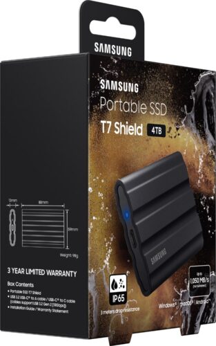 Внешние HDD и SSD/ Samsung External SSD T7 Shield, 4TB, Type C-to-C/A, USB 3.2 Gen2, R/W 1050/1000MB/s, IP65, 88x59x13mm, 98g, Black (12 мес.) — изображение 9