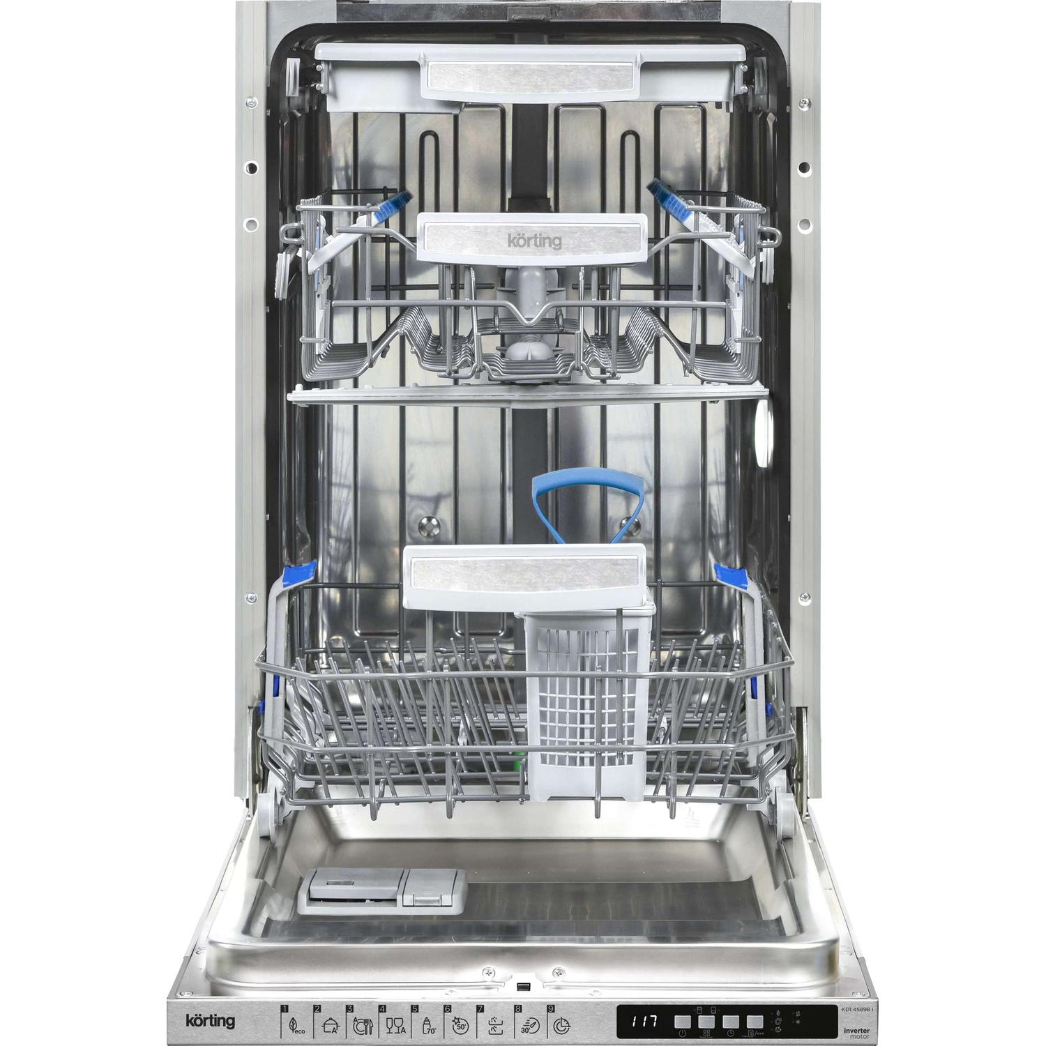 Встраиваемая посудомоечная машина/ Полновстр., 45 см, 10 компл., Инверторный мотор, третья корзина для столовых приборов, А+++, Электронное управление, цифровой LED дисплей белого цвета Cold White, 9 программ, Программа SmartWash - 3 режима автоматическ